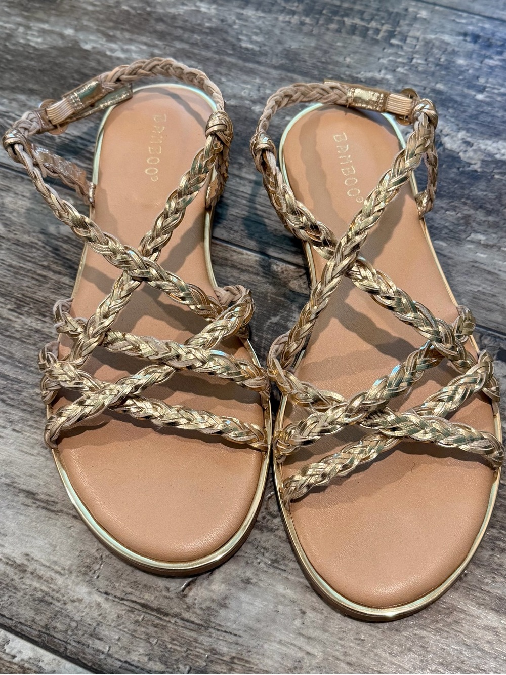 BAMBOO Metallic Gold Braided Strappy Flat Sandals